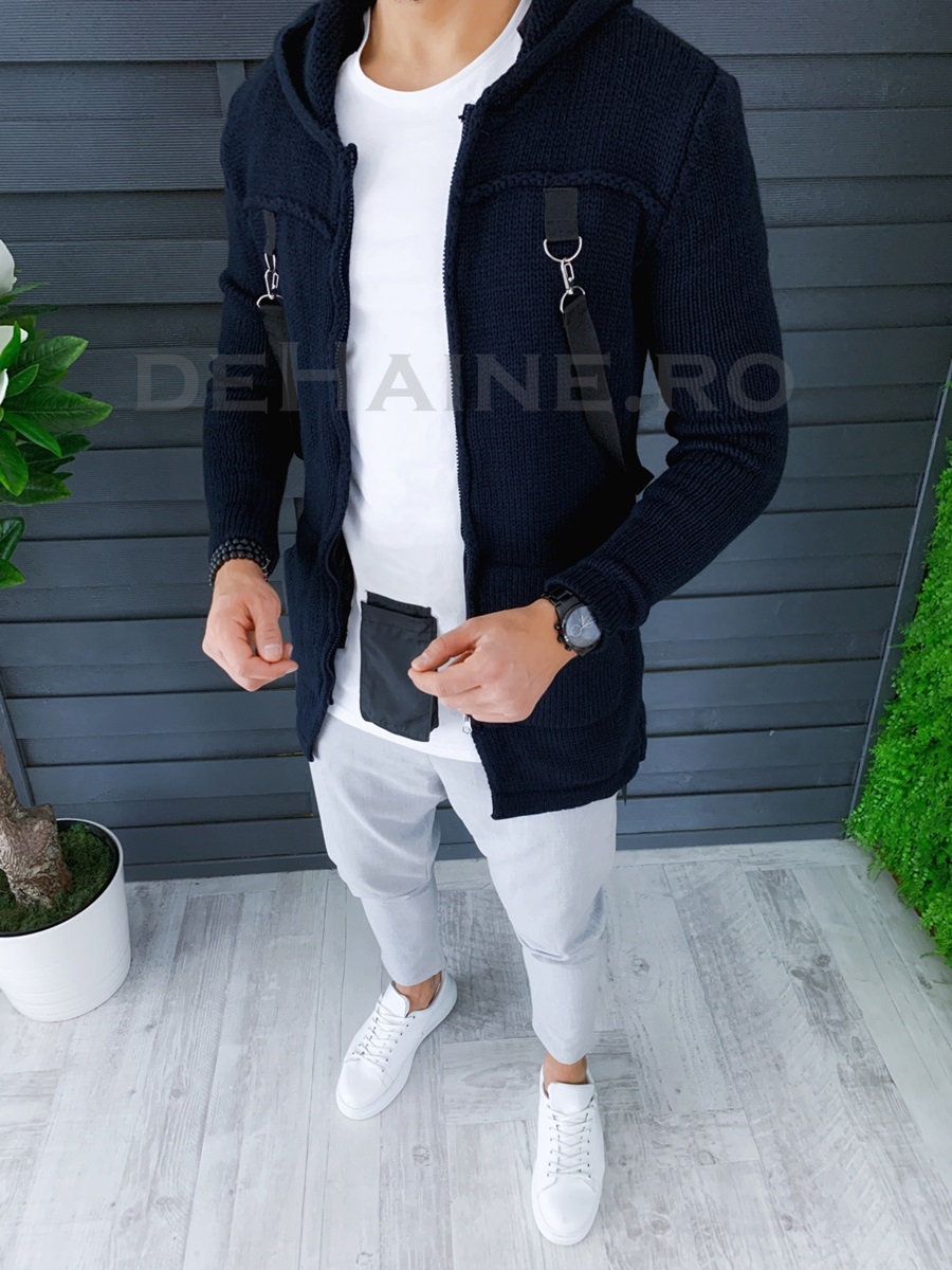 Cardigan barbati bleumarin cu gluga slim fit zr t3615 86-3/u